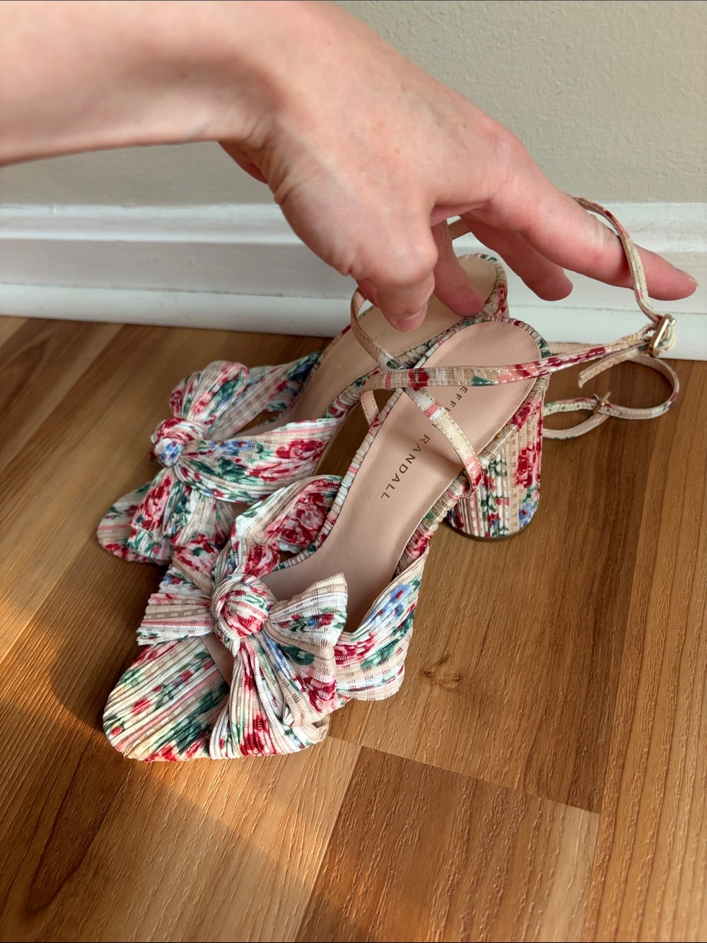 Loeffler Randall Camellia Pleated Bow Heel Sandals Floral Strappy - Picture 4 of 12